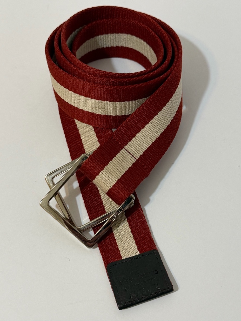BALLY Caleiro Red White  Stripe Canvas Webbing Belt Double rings Size 46 ITALY